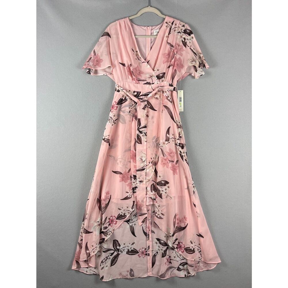 Eliza J Maxi Dress‎ Womens 4 Pink Floral Faux Wrap High Low Romantic Flowy NWT